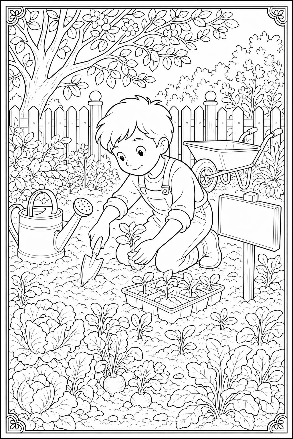 Coloriage enfant qui plante des semis au potager à imprimer