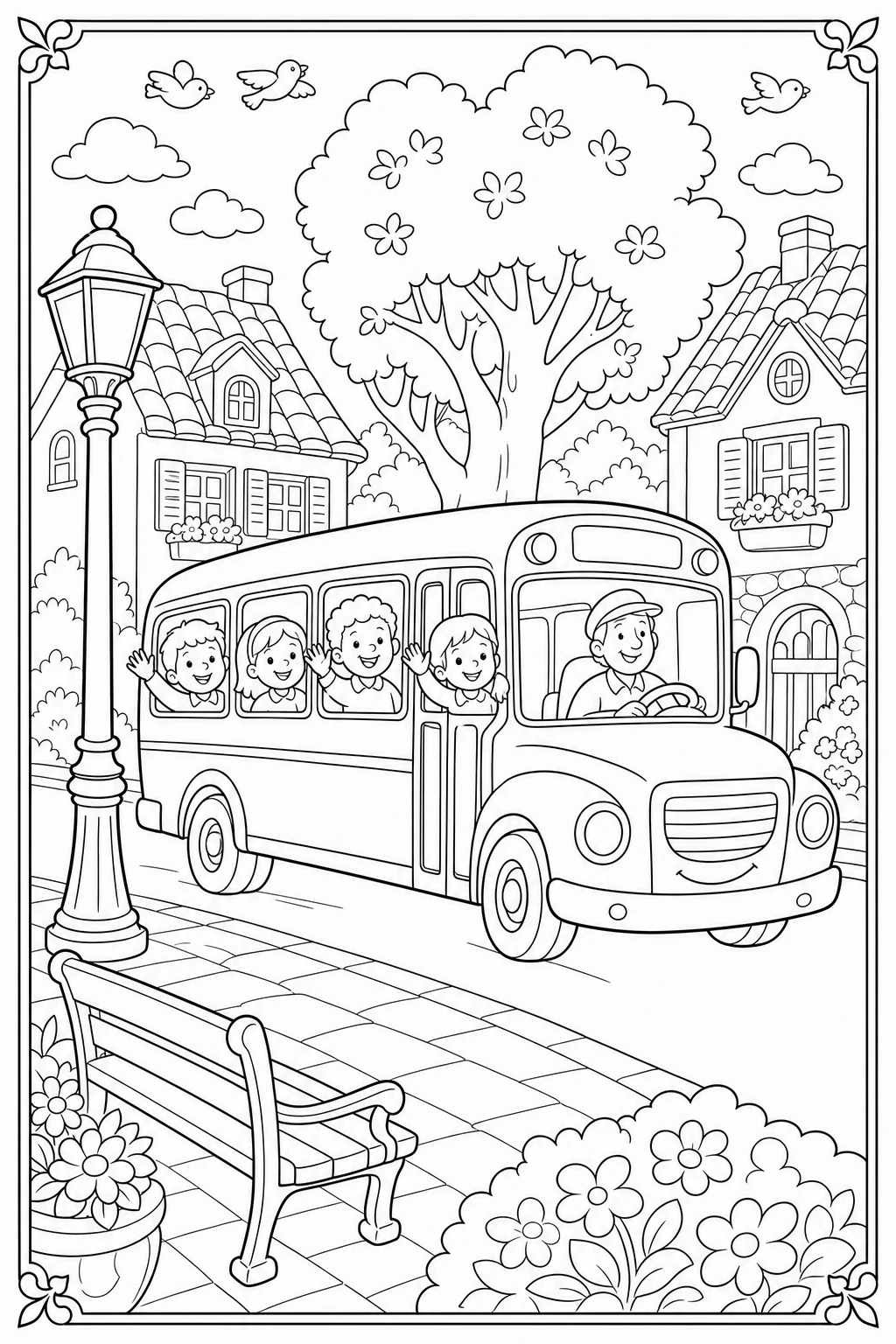 Coloriage du bus de l'école traversant le village à imprimer