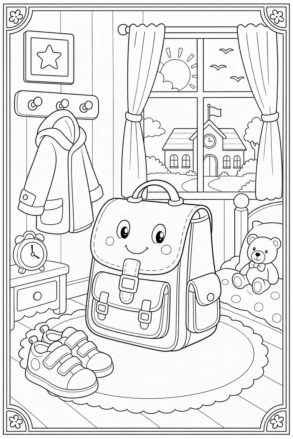 Coloriage cartable de rentrée dans la chambre à imprimer pour la maternelle