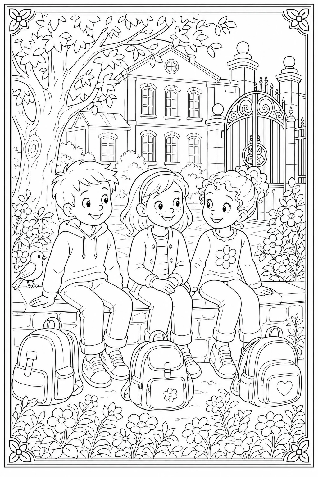 Coloriage de trois copains assis devant l'école à imprimer