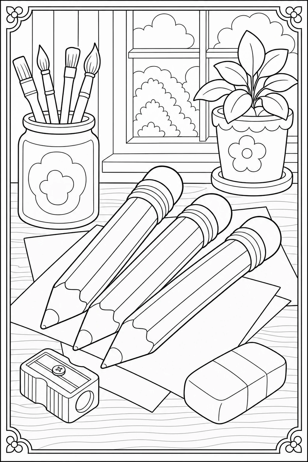 Coloriage crayons de couleur sur le bureau à imprimer en maternelle