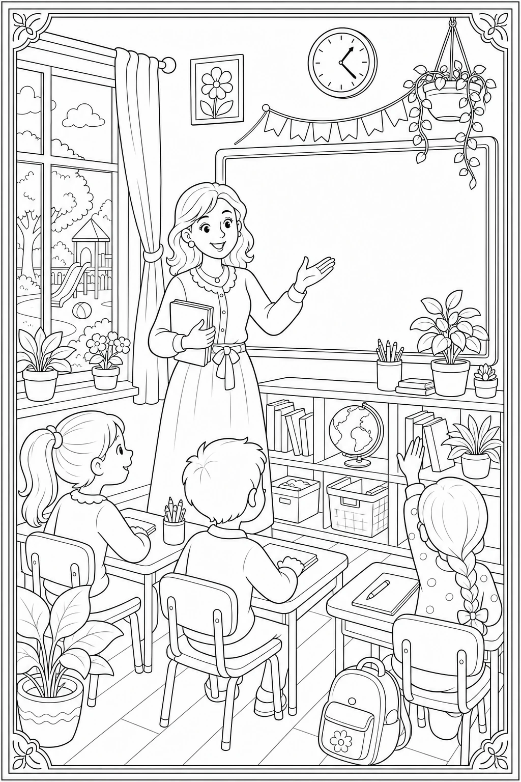 Coloriage de la maîtresse et de sa classe à imprimer pour le CP