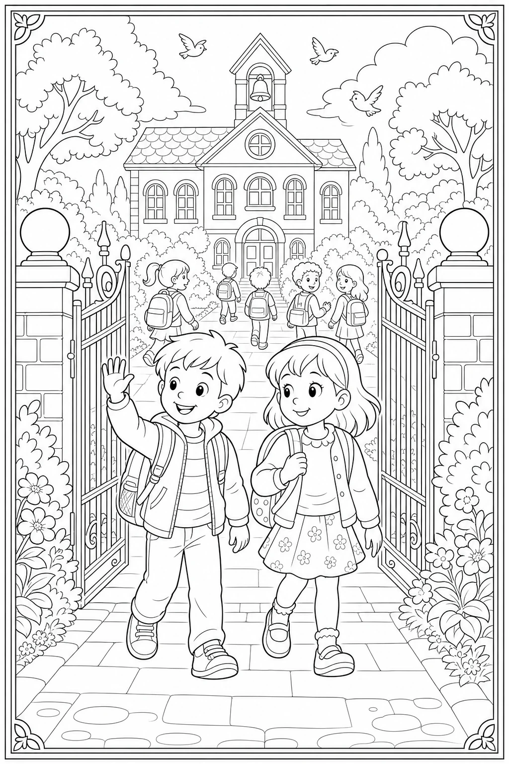 Coloriage de la rentrée des classes : deux enfants arrivent à l'école main dans la main