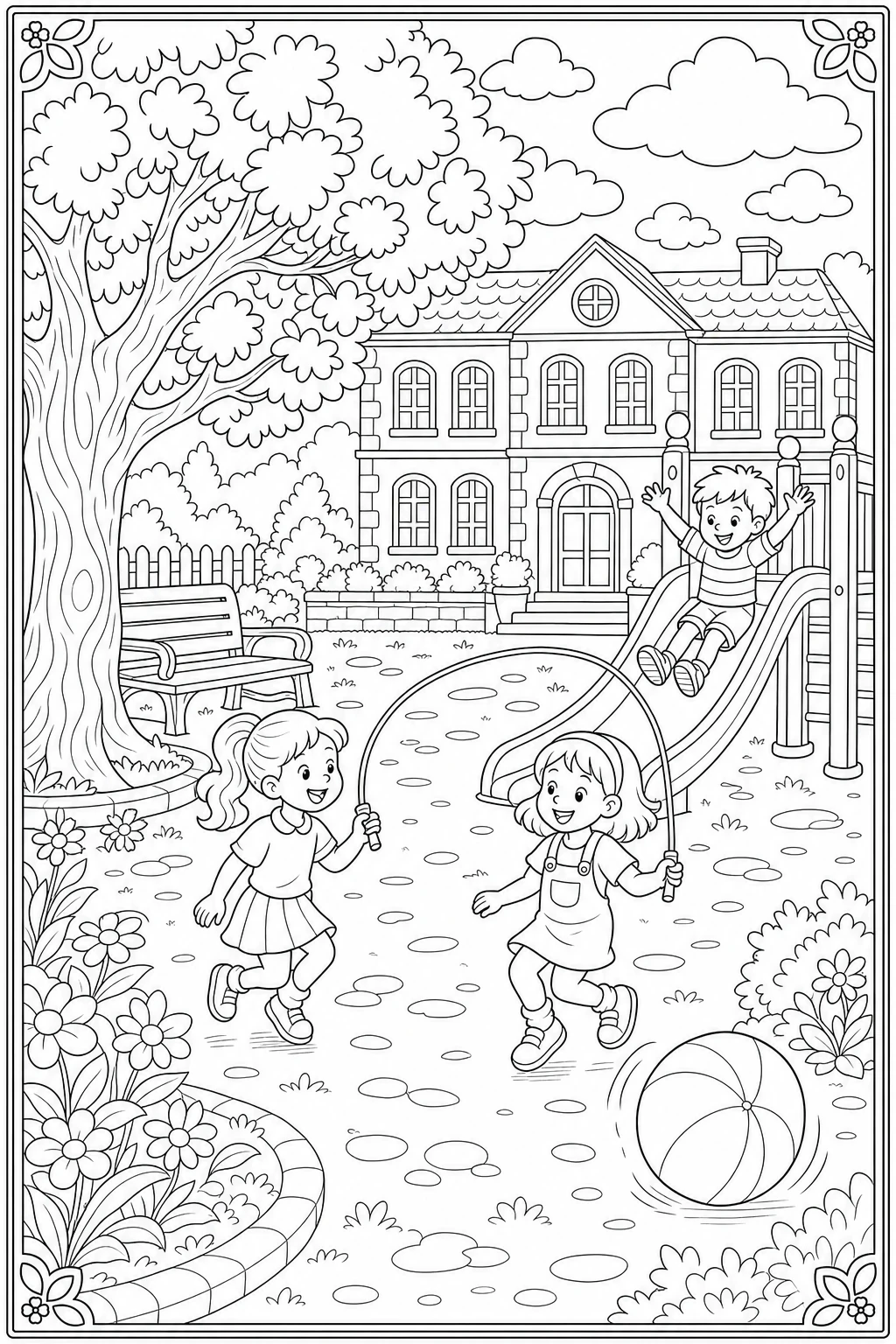 Coloriage de la cour de récréation avec toboggan et corde à sauter à imprimer