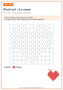 Pixel art cœur à colorier selon le code à imprimer