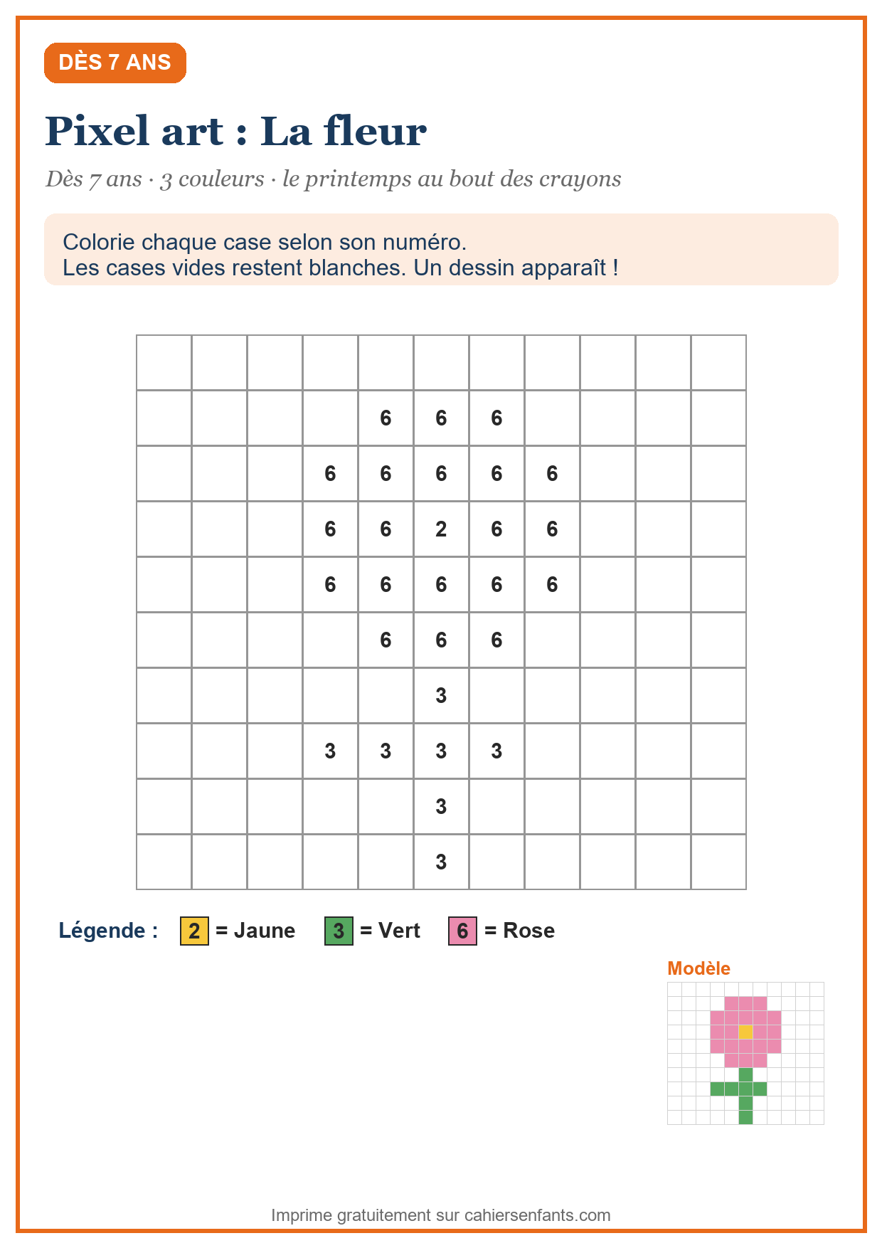 Pixel art fleur à colorier selon le code à imprimer, dès 7 ans, trois couleurs