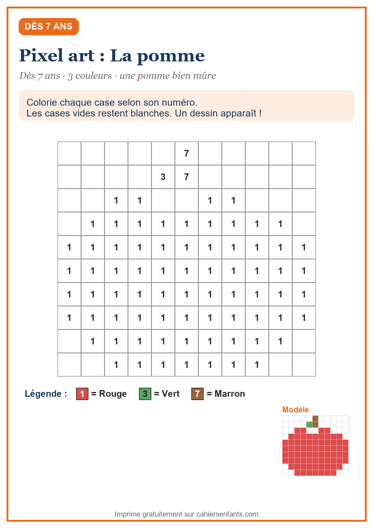 Pixel art pomme à colorier selon le code à imprimer, dès 7 ans, trois couleurs