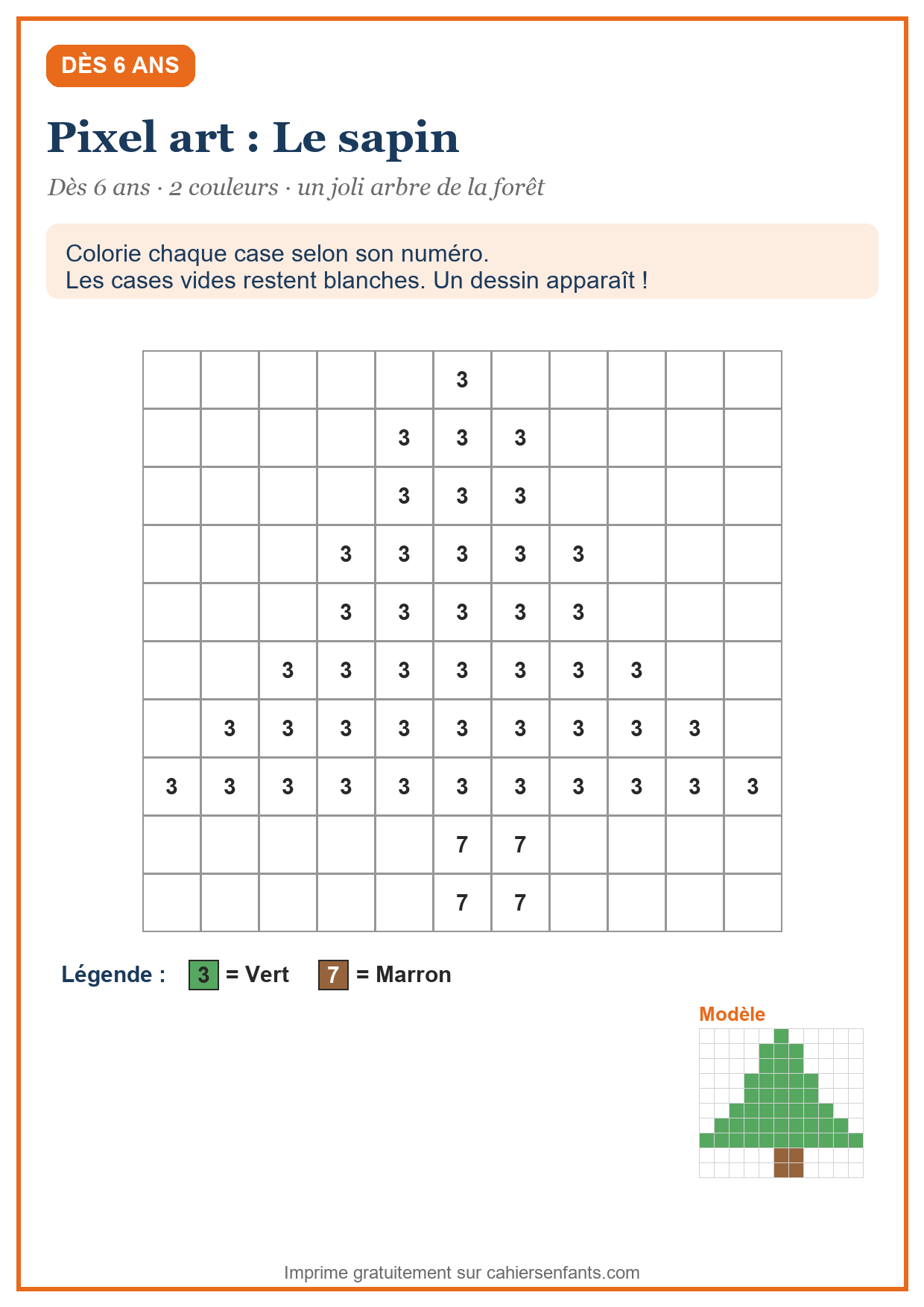 Pixel art sapin à colorier selon le code à imprimer, dès 6 ans, deux couleurs