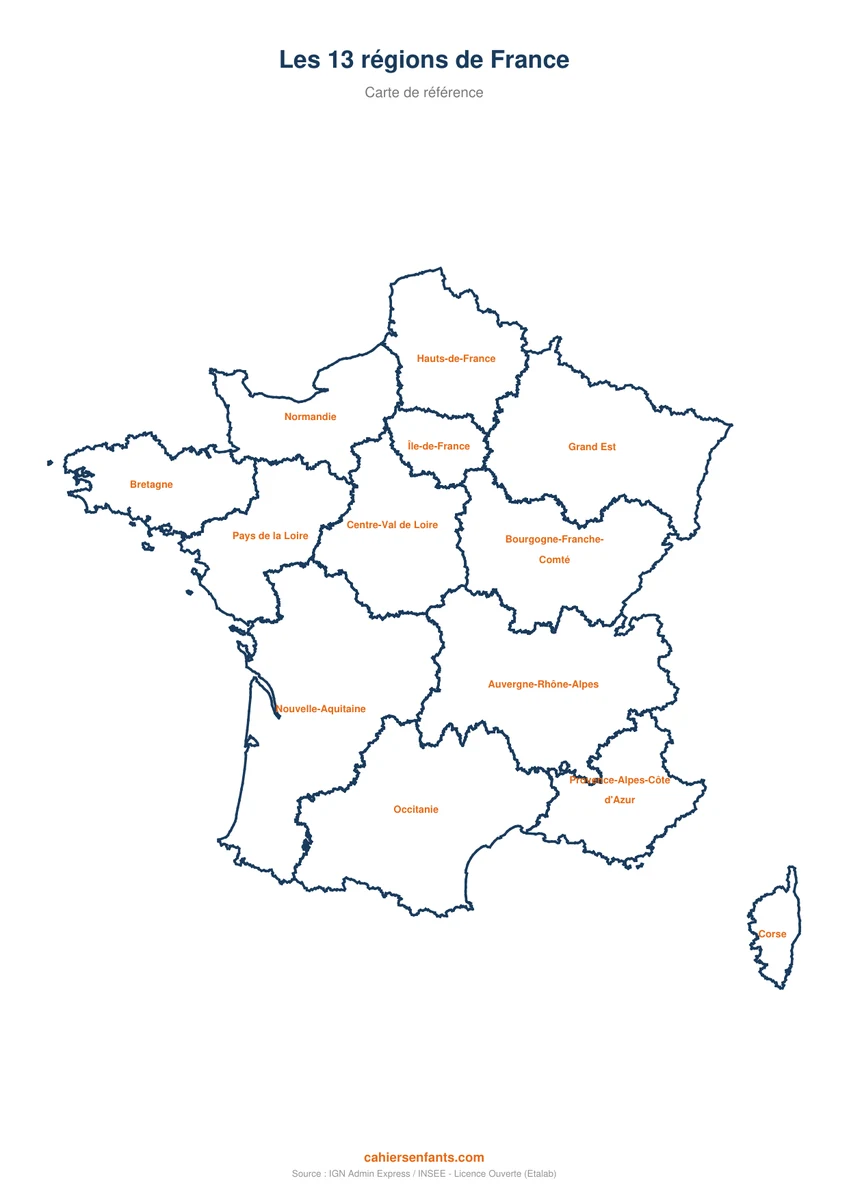 Carte de France des 13 régions avec leurs noms, à imprimer