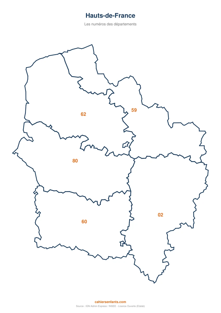 Carte des Hauts-de-France à imprimer : les 5 départements